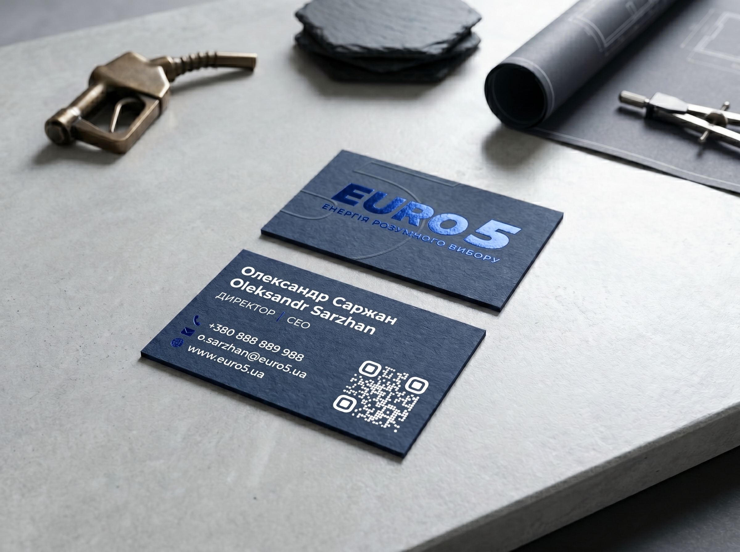 EURO5 business card mockup on a work surface
